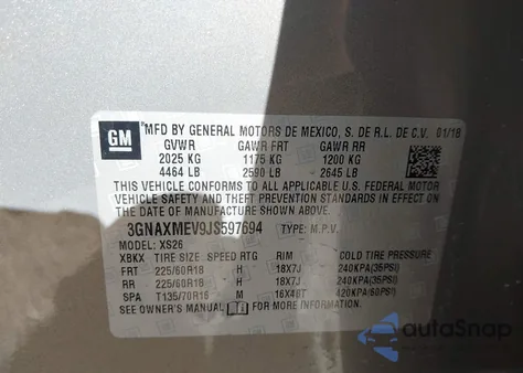 2018 Chevrolet Equinox Premier из США, поврежденный, VIN 3GNAXMEV9JS597694